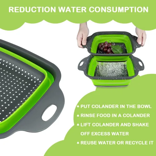 Vista 2 de AUAUY Juego de 2 coladores plegables, colador plegable cuadrado de silicona con asas de plástico, colador de cocina ecológico con agujeros grandes