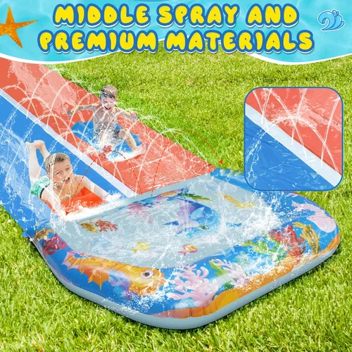 Vista 4 de Toboganes de agua dobles de 40 pies para niños y adultos, toboganes de agua extralargos con 2 bodyboards, resistentes, juguetes inflables gigantes