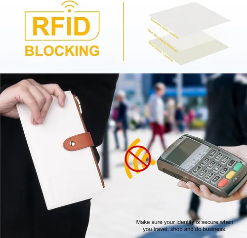 Vista 3 de Travelambo Billeteras de cuero para mujer, delgada, con bloqueo RFID, billetera plegable para tarjetas de crédito, Marrón beige