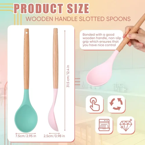 Vista 2 de Patelai 2 cucharas de silicona antiadherentes para mezclar de cocina, cucharas de servir con mango de madera, resistentes al calor, cucharas de Verde