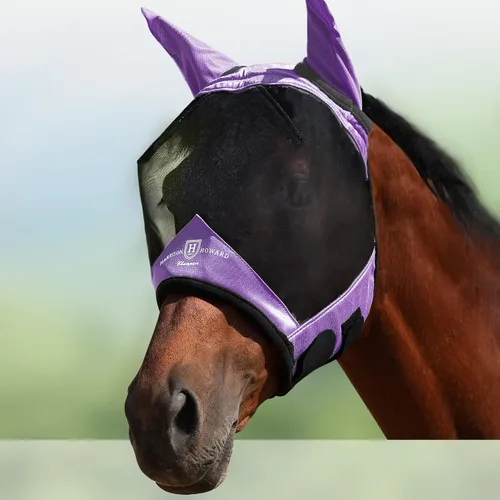 Vista 14 de Harrison Howard Máscara de mosca de caballo luminosa profesional estándar con orejas protección UV para caballo, azul y plateado, pequeño poni