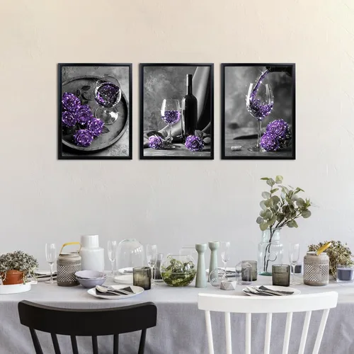 Vista 3 de Visual Art Decor Decoración de pared de cocina de granja, copas de vino, impresiones de pintura de flores de rosa, imágenes modernas de decoración