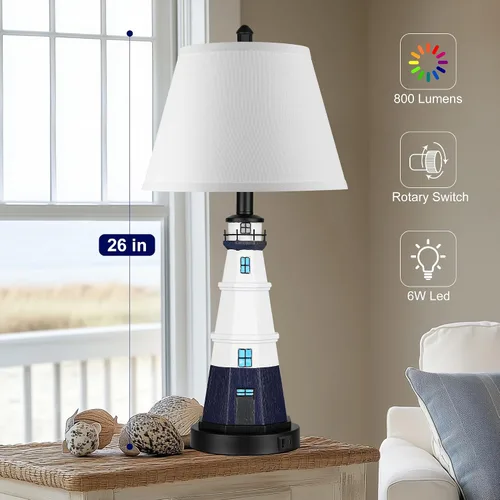 Vista 2 de WIHTU Juego de 2 lámparas de mesa modernas de faro, lámpara de mesa náutica blanca y azul marino, luces de lectura de resina de estilo náutico