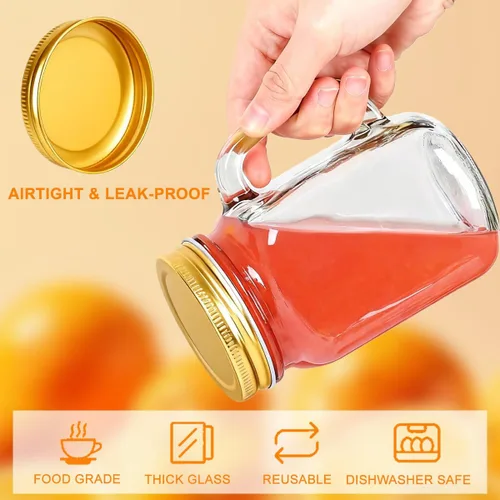 Vista 5 de Vaso de vidrio transparente vacío de 16.2 fl oz/16 oz con asa y tapa de rosca de metal, vasos para beber cerveza, vasos para beber té con leche