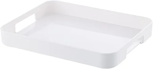 Vista 3 de Bandeja de plástico para servir con asas rectangular en color blanco de 12.99 x 10.24 pulgadas, bandeja de desayuno reutilizable, para alimentos