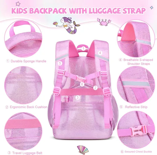 Vista 5 de Mochila para niñas, mochilas escolares de 16 pulgadas para niñas, bonita bolsa de libros para niñas, niños, estudiantes, escuela primaria, Rosa