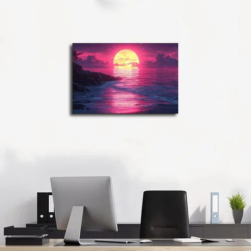 Vista 3 de Synthwave Retro Futurism Wall Art – Surreal Geometric Landscape Canvas – Unique Aesthetic Poster for Office Or Living Room Poster Print for Teen