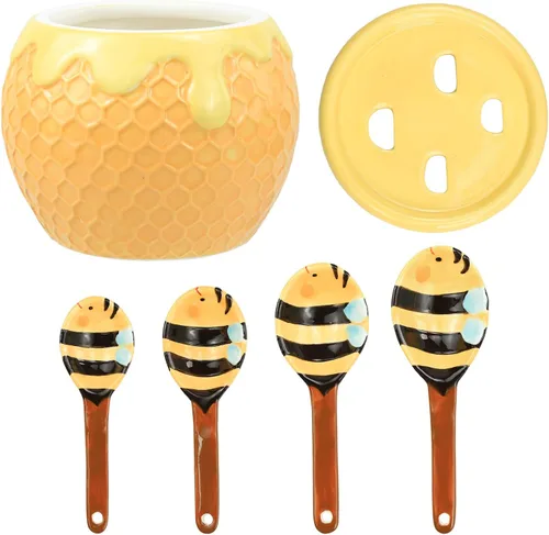 Vista 7 de Sizikato 4 piezas de cucharas medidoras de porcelana con base, lindas cucharas de abeja de cerámica y taza de panal