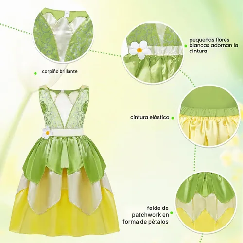 Vista 4 de COTRIO Vestido de princesa de rana de hada verde para niñas, fiesta de cumpleaños, disfraces de elfo de Halloween con accesorios
