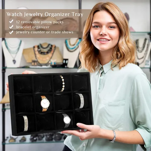 Vista 4 de Henoyso Bandeja de terciopelo para relojes, organizador de joyas, 12 cuadrículas, apilable, organizador de relojes, pulsera, soporte para exhibición