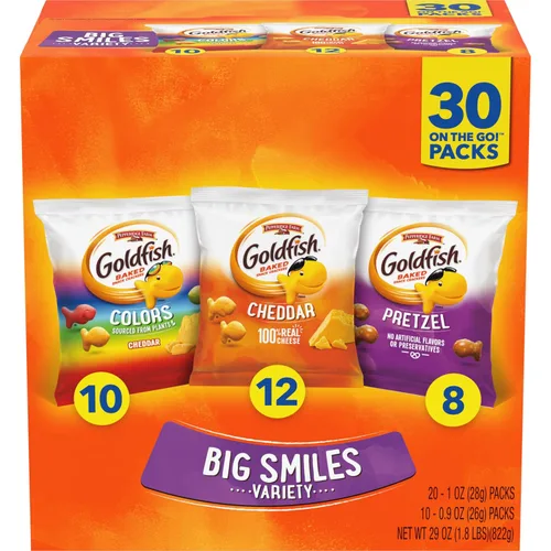 Vista 15 de Goldfish Crackers Say Cheeeese - Paquete variado con queso cheddar, pizza y parmesano, paquetes de aperitivos, 20 unidades (paquete de 2)