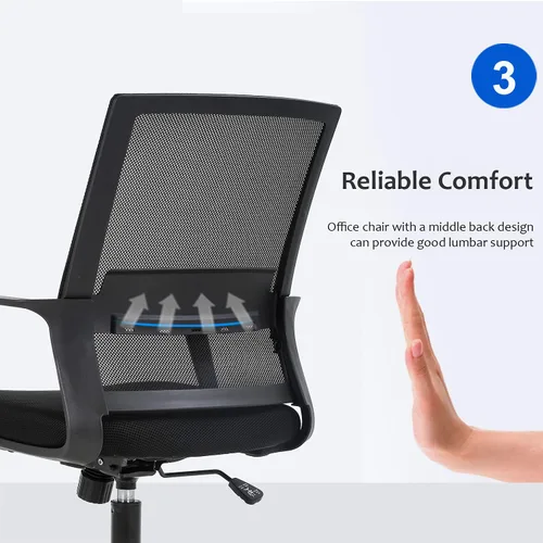 Vista 5 de FDW Silla de escritorio ergonómica de malla para computadora, de media espalda, con descansabrazos, giratoria, ajustable, soporte lumbar, Negro