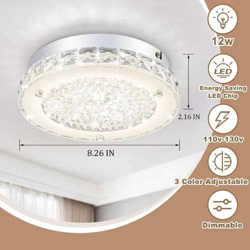 Vista 2 de Lámpara de techo de cristal de montaje al ras, lámpara de techo LED moderna de 8.3 pulgadas, lámparas de araña de cristal regulables