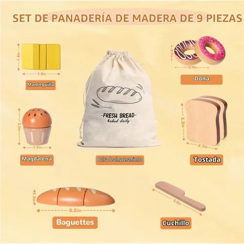 Vista 2 de Juego de madera para panadería, juguetes de comida, juego de cocina para niños, accesorios de cocina con bolsa de almacenamiento, juego