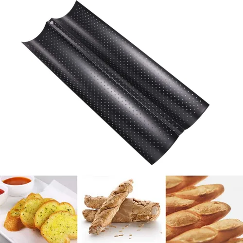 Vista 2 de Luxshiny Pan de pan francés, herramienta para hornear de cocina, antiadherente, perforada, sartén para pan francés, sartén para hornear pan francés