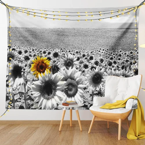 Vista 9 de Lunarable Tapiz moderno, campo de girasol, blanco y negro, una sola flor amarilla, paisaje, individualidad, decoración de tela para colgar
