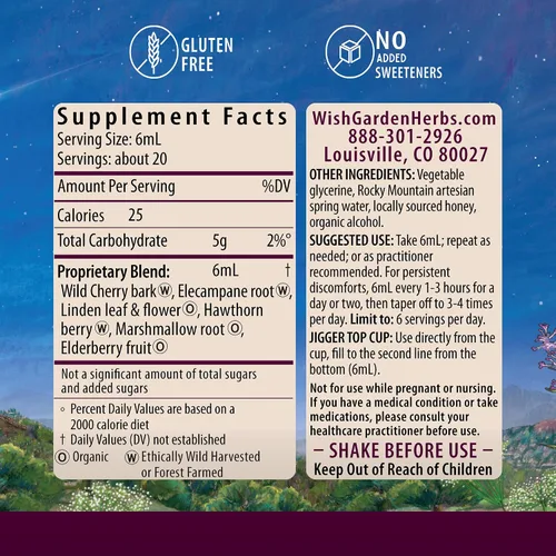Vista 2 de WishGarden Herbs - Jarabe calmante para la tos seria – Supresor de la tos natural de hierbas diurnas sin somnolencia para adultos con saúco calma