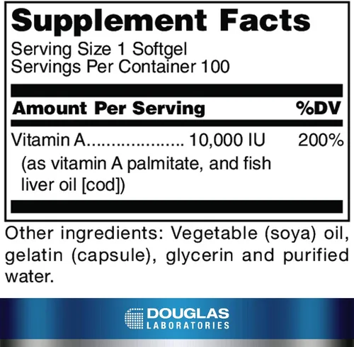 Vista 2 de Douglas Laboratories Vitamina A 10,000 UI. Vitamina A derivada del aceite de hígado de pescado 100 cápsulas blandas