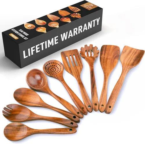 Vista 14 de Zulay Kitchen Juego de 5 cucharas de madera extragrandes - Utensilios de cocina de teca lisa - Cucharón, espátula, espumadera, tenedor, cuchara