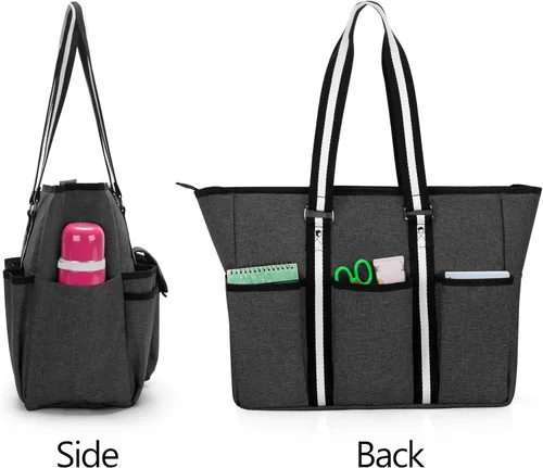 Vista 5 de CURMIO Bolsas y bolsas para profesores para mujer, bolsa de trabajo grande con funda para laptop para oficina, color negro