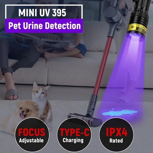 Vista 2 de DARKDAWN Linterna UV 395nm Luz Negra Mini USB Recargable Ultraviolet LED Blacklight Woods Lamp Powerful Fluorescent Portable Detector for Pet
