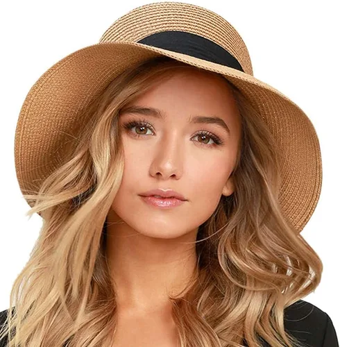 Vista 8 de FURTALK Sombrero de paja para mujer, con protección UV, plegable, plegable, para verano, con protección UV Negro