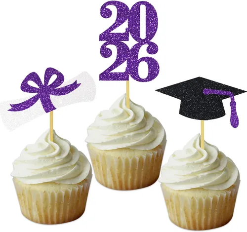 Vista 9 de Decoración para cupcakes de graduación, decoración de fiesta de graduación, selecciones de alimentos, felicitaciones, tapa de diploma con purpurina
