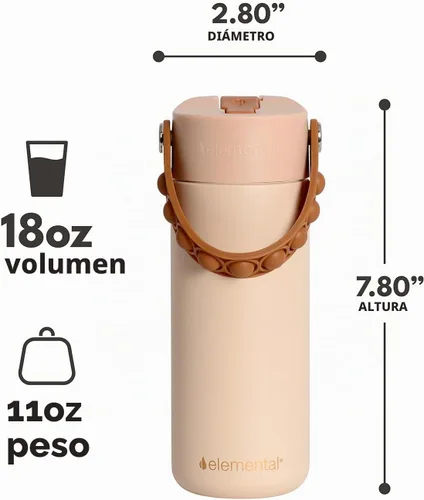 Vista 2 de Elemental Botella de agua aislada para niños, botella de agua de acero inoxidable con tapa de popote y asa Pop-it, botellas de agua a prueba