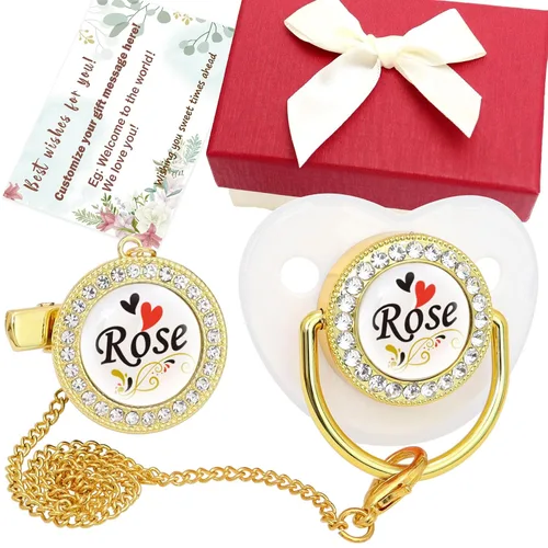 Vista 7 de Juego de chupetes personalizados con nombre, sin BPA, dorado, plateado, rosa, oro rosa, lujoso, regalo ideal para recién nacidos (negro)