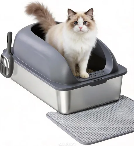 Vista 9 de Simple Deluxe Caja de arena XL para gatos de acero inoxidable con tapa, bandeja de arena de metal de alta cara para gatos grandes, a prueba