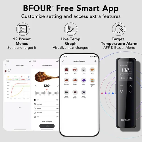 Vista 5 de BFOUR Termómetro inalámbrico para carne Bluetooth con base digital independiente, rango ilimitado WiFi, sensor de precisión 6, impermeable IP67