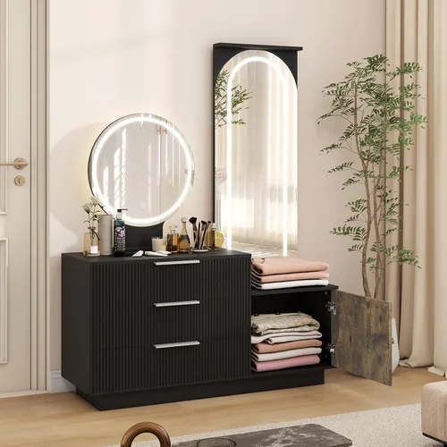 Vista 7 de ARTETHYS Escritorio de tocador con espejo y luces, tocador de maquillaje negro con estación de carga y espejo de longitud completa con parte