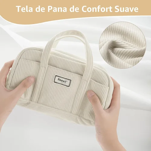 Vista 2 de Sooez Estuche grande para lápices, extra grande con 5 compartimentos, bolsa para bolígrafos de amplia apertura, organizador de pana suave con Beige