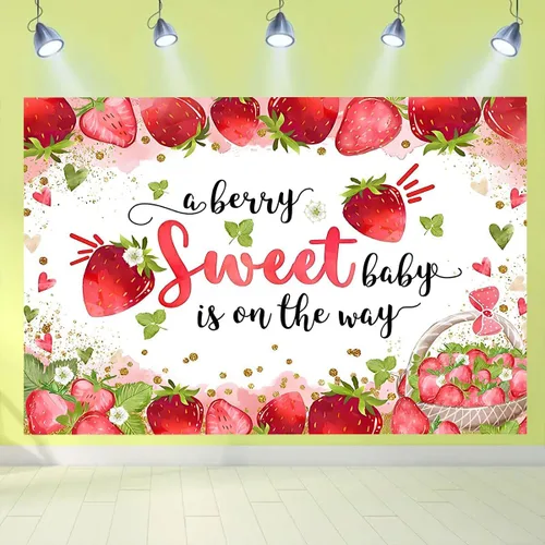 Vista 7 de Fondo de pantalla rosa de fresa para baby shower, fruta fresca y puntos dorados, papel tapiz fotográfico para niña, baby shower, decoración