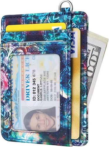 Vista 2 de Cartera delgada con bolsillo frontal RFID para tarjetas de identificación, bonita cartera pequeña con llavero para mujer