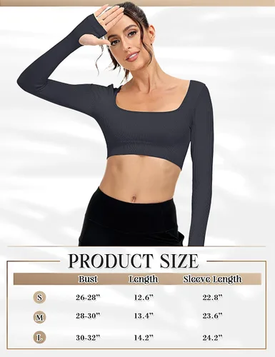 Vista 5 de Paquete de 3 camisetas cortas acanaladas sin costuras de manga larga con cuello cuadrado para mujer, entrenamiento, gimnasio, yoga