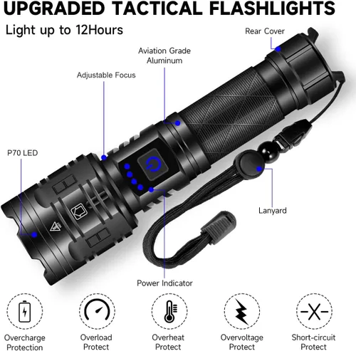 Vista 5 de Linternas recargables de alta luminosidad, potentes linternas tácticas de 990 000LM y 5 modos de iluminación ajustable, impermeables