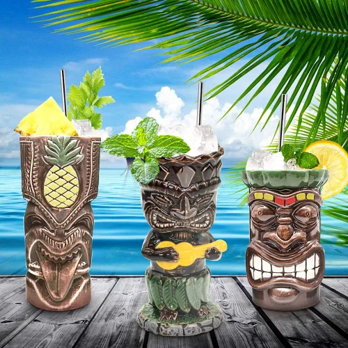 Vista 6 de SuproBarware Tiki - Juego de 4 tazas de cerámica hawaiana para fiesta, tazas grandes de fiesta Tiki para cócteles, bebidas tropicales de bar