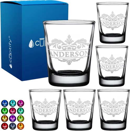 Vista 12 de Vaso de chupito personalizado con nombre de círculo elaborado de 2 onzas, parte inferior negra grabada con texto personalizado para regalos, bodas