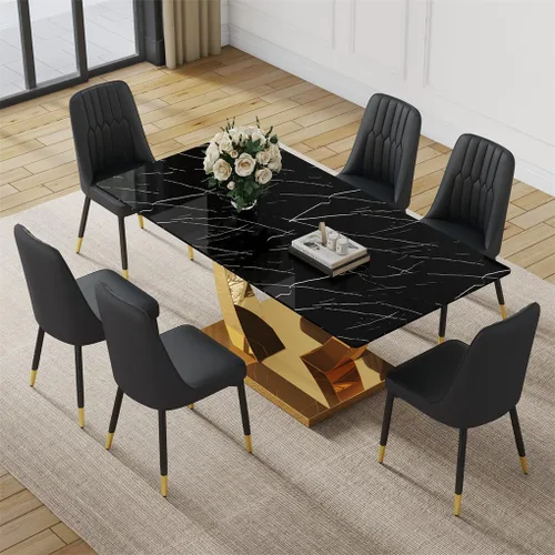 Vista 31 de Juego de mesa de comedor negra para 4, 63 x 35.4 x 30 pulgadas, mesa de comedor moderna rectangular con patas y base de acero inoxidable, sillas