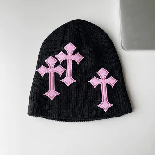 Vista 4 de Y2K - Sombrero de lana con cruz oscura, diseño de cruz, sombrero de pila suelta, sombrero de punto delgado, sombrero frío, otoño e invierno
