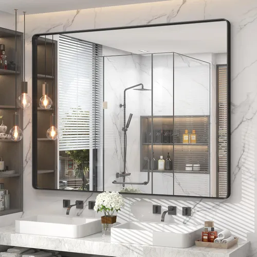 Vista 71 de Paquete de 2 espejos de baño con marco de metal negro de 22 x 30 pulgadas, espejo rectangular redondeado negro mate, antioxidante, se cuelga