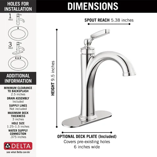Vista 3 de Delta Woodhurst - Grifo de baño cromado de 1 agujero, grifo de lavabo de baño de un solo orificio para tocador, montaje de drenaje de metal
