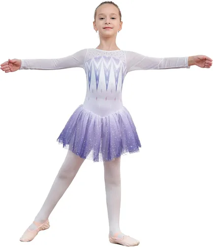 Vista 4 de EQSJIU Longsleeve Ballet Leotard with Tutu Girls Dance Gymnastics Toddlers Sparkly Snowflake Party Dress Outfit Kids