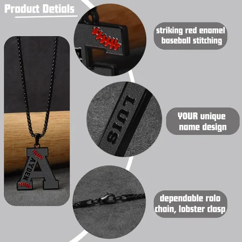 Vista 2 de Ldurian Collar personalizado con nombre de béisbol, cadena negra de acero inoxidable, collar con nombre deportivo, letra A-Z de 24 pulgadas, regalos
