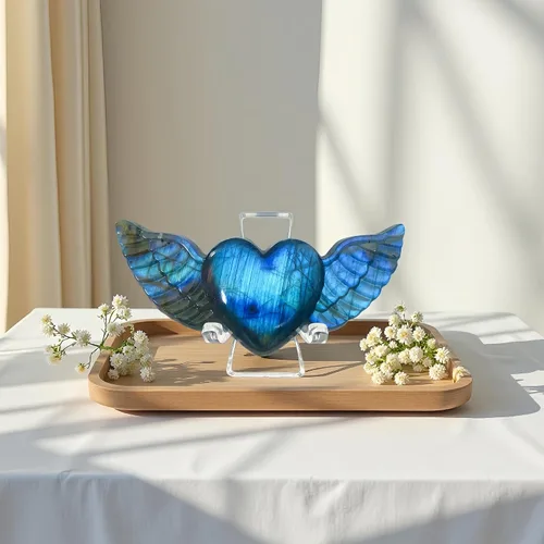 Vista 3 de Corazón de labradorita, corazón de cristal, piedras de labradorita, corazón de cristal curativo con alas
