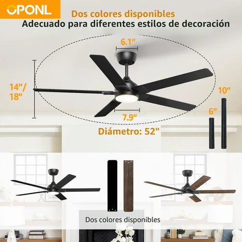 Vista 9 de OPONL Ventilador de techo de 52 pulgadas con luz y control remoto Negro