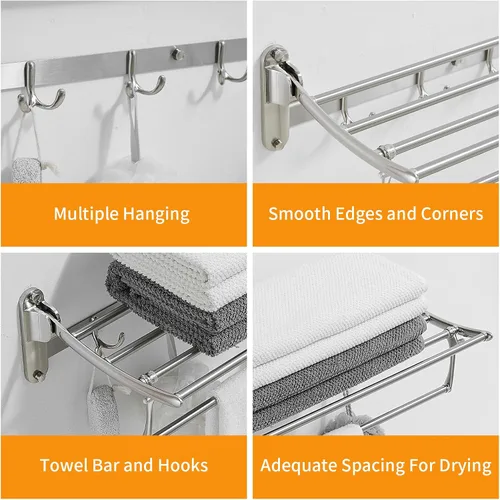 Vista 7 de BESy Toalleros de 24 Pulgadas de Níquel Cepillado, Estante de Toallas de Baño con Barra Plegable y Ganchos para Toallas, Accesorios de Baño