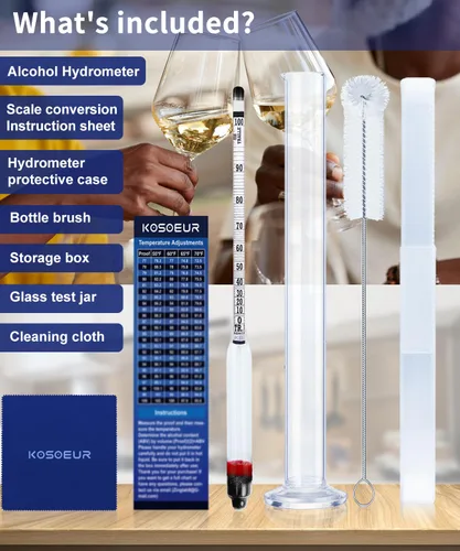 Vista 2 de Kit de medidor de alcohol hidrómetro, hidrómetro de alcohol 0-200 a prueba y Tralle, probador de alcohol para licor, hidrómetro de alcohol para luz