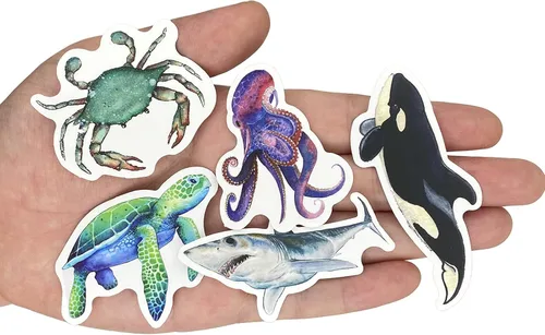 Vista 5 de Aowplc 100 calcomanías de animales marinos, paquete de calcomanías de vinilo impermeable para vida marina